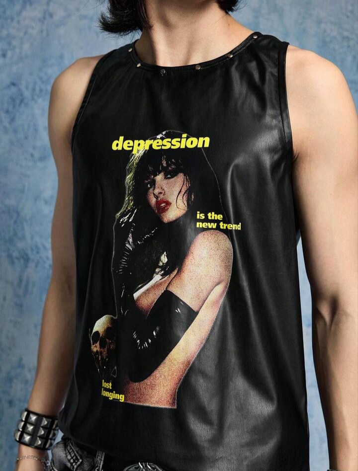 Men's Street Fashion PU Rivet Portrait Tank Top